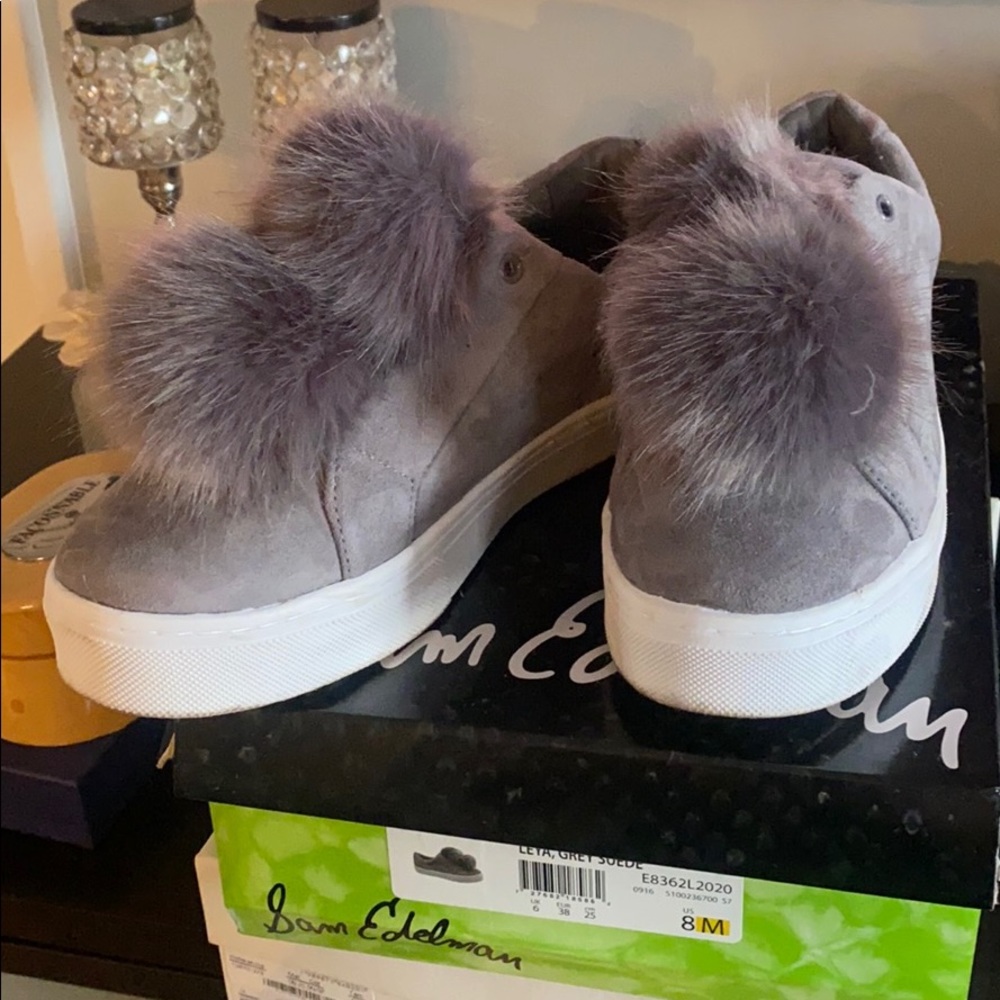 Sam Edelman Leya Grey Suede Pompom Sneakers Sz 8